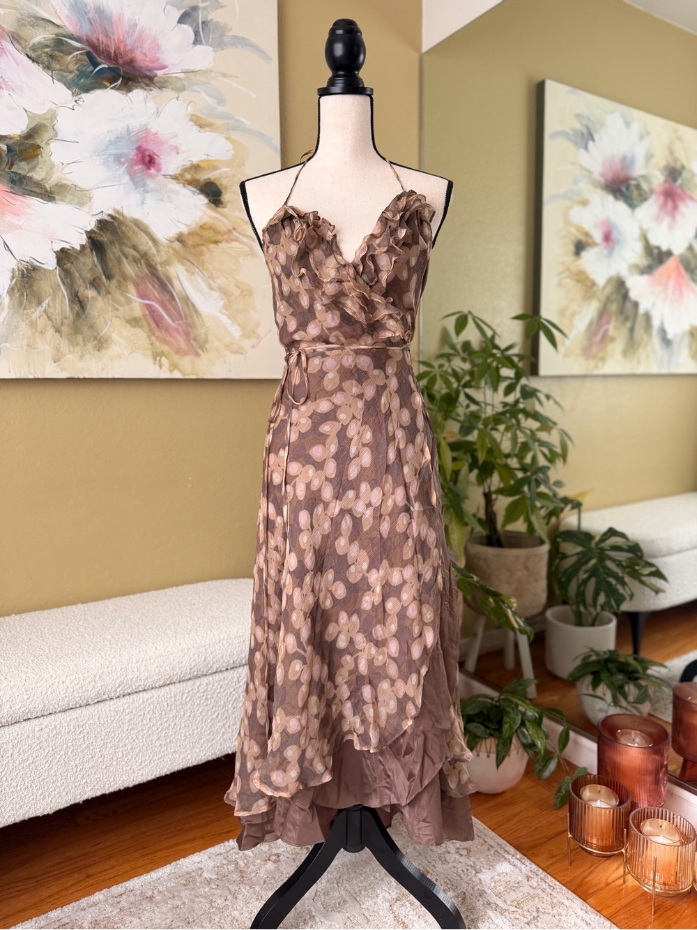 Brown Floral Ruffle Midi Dress with Adjustable Straps Like Zimmerman